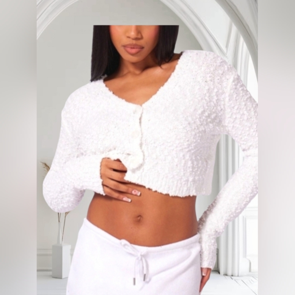 PRETTYLITTLE THING WHITE BOBBLE KNIT CROP CARDIGAN NWT SIZE S